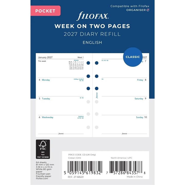 Filofax, Week to View Pocket Refills 2027