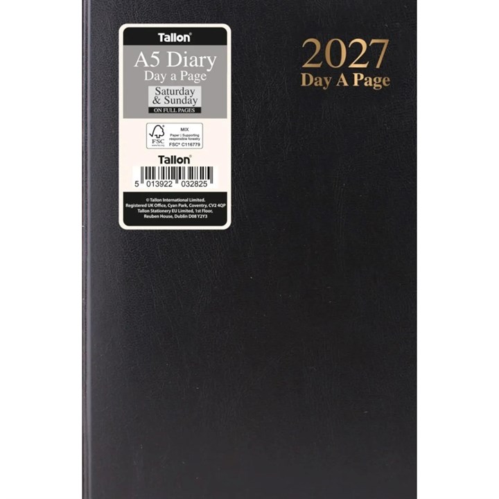 Black Hardback Day To View A5 Diary With Full Weekend 2027
