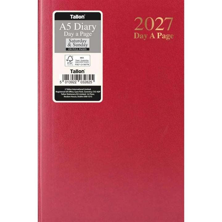 Red Hardback Day To View A5 Diary With Full Weekend 2027